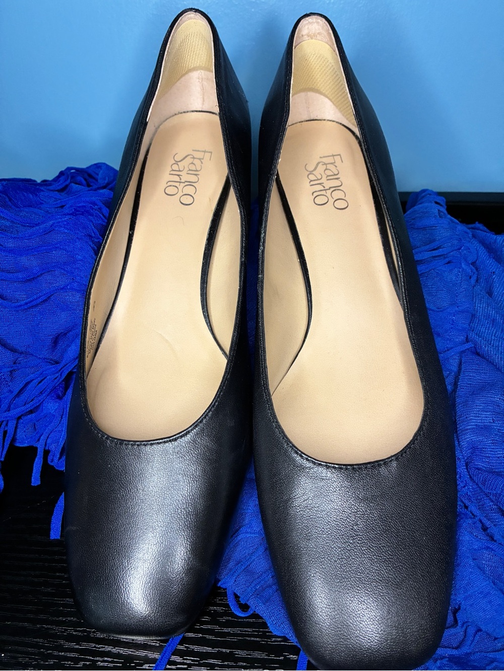 Franco Sarto Black Leather Square-Toe Ballet Flats